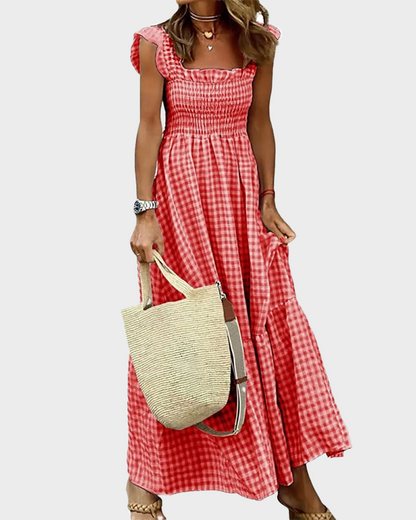 Women's Retro Plaid Smocked Dress Spaghetti Strap Flowy Maxi with Pockets
