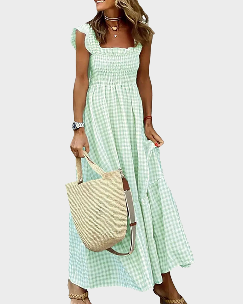 Women's Retro Plaid Smocked Dress Spaghetti Strap Flowy Maxi with Pockets