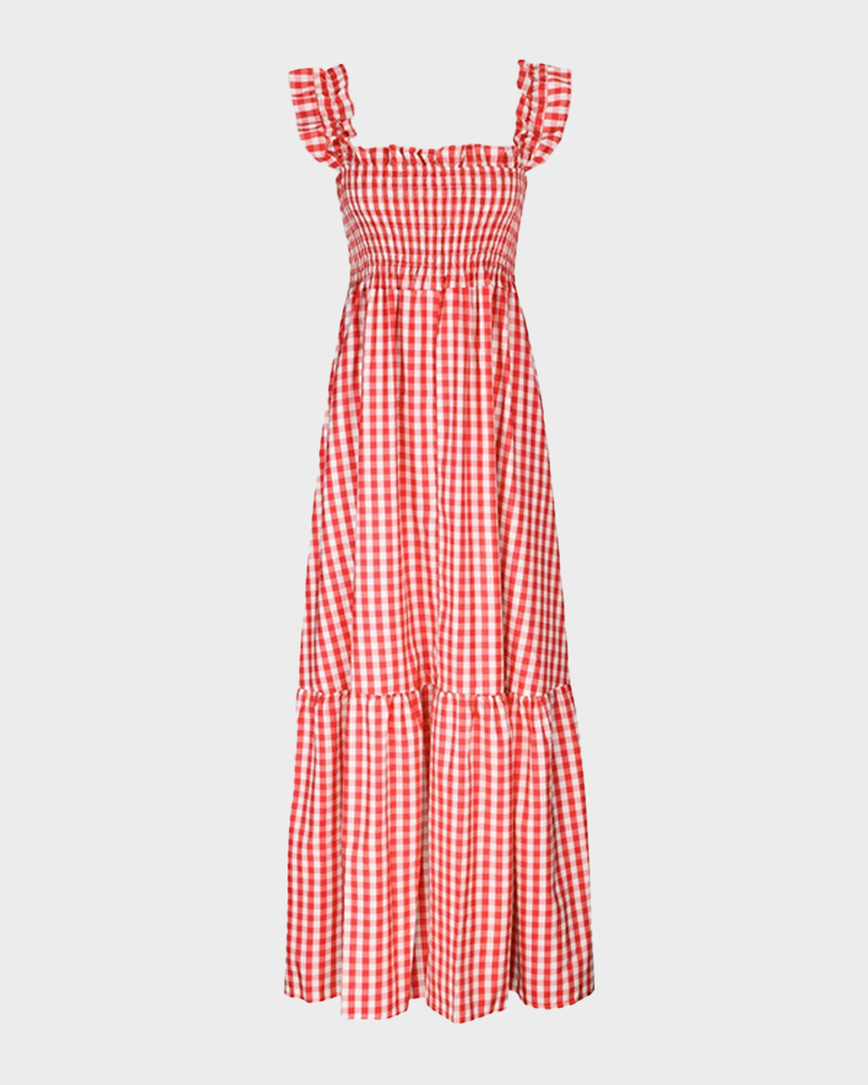 Women's Retro Plaid Smocked Dress Spaghetti Strap Flowy Maxi with Pockets