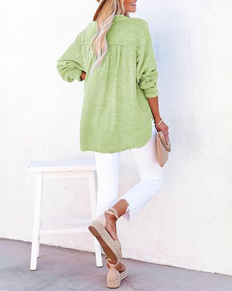 Womens Casual Button V Neck Long Sleeve Shirts Solid Blouses Tops