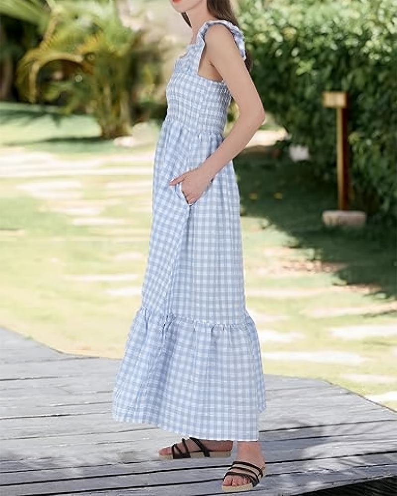 Women's Retro Plaid Smocked Dress Spaghetti Strap Flowy Maxi with Pockets