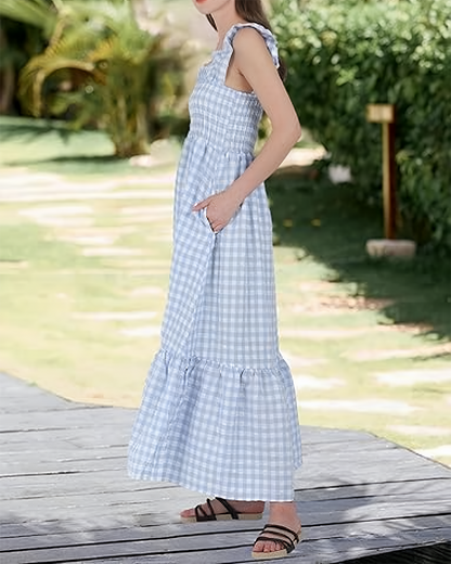 Women's Retro Plaid Smocked Dress Spaghetti Strap Flowy Maxi with Pockets