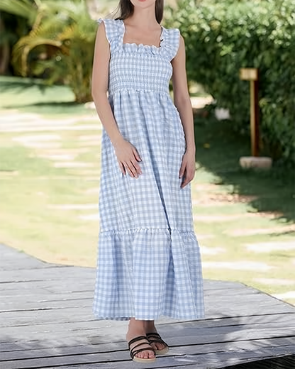 Women's Retro Plaid Smocked Dress Spaghetti Strap Flowy Maxi with Pockets