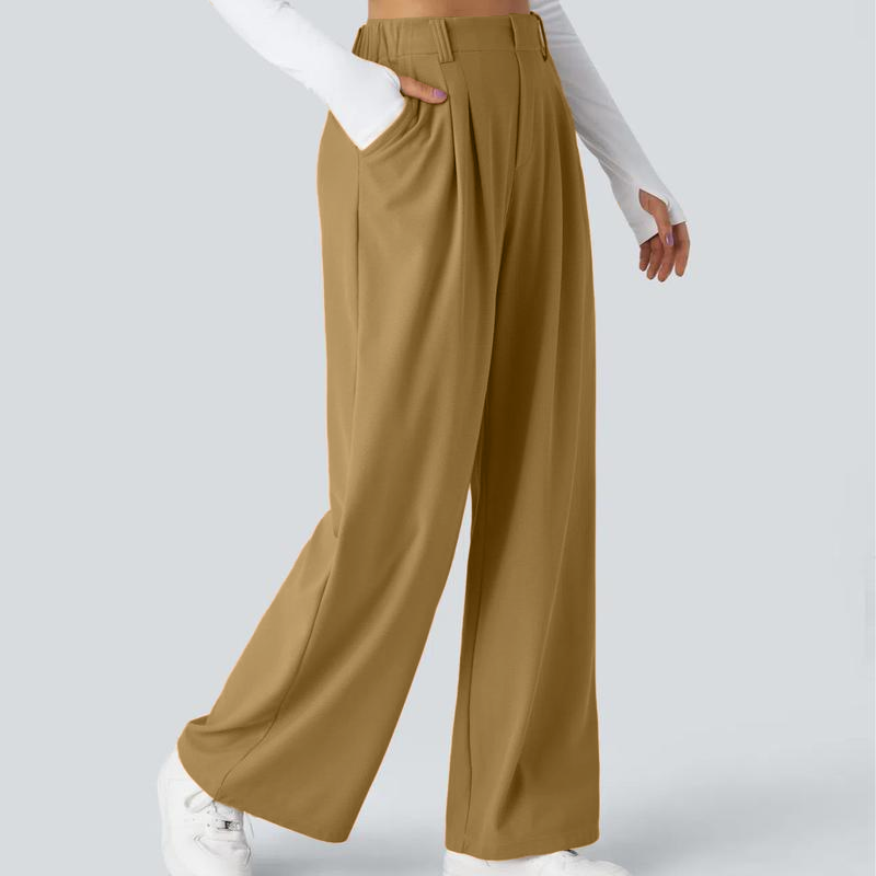 High Waisted Plicated Side Pocket Wide Leg Waffle Work Pants