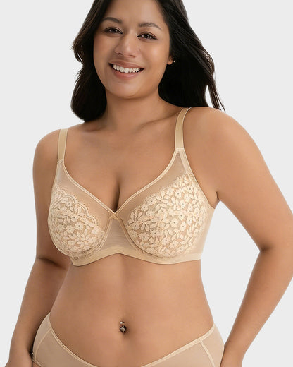 Unlined Floral Lace Minimizer Bra Comfort Fit Full Coverage