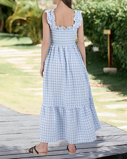 Women's Retro Plaid Smocked Dress Spaghetti Strap Flowy Maxi with Pockets