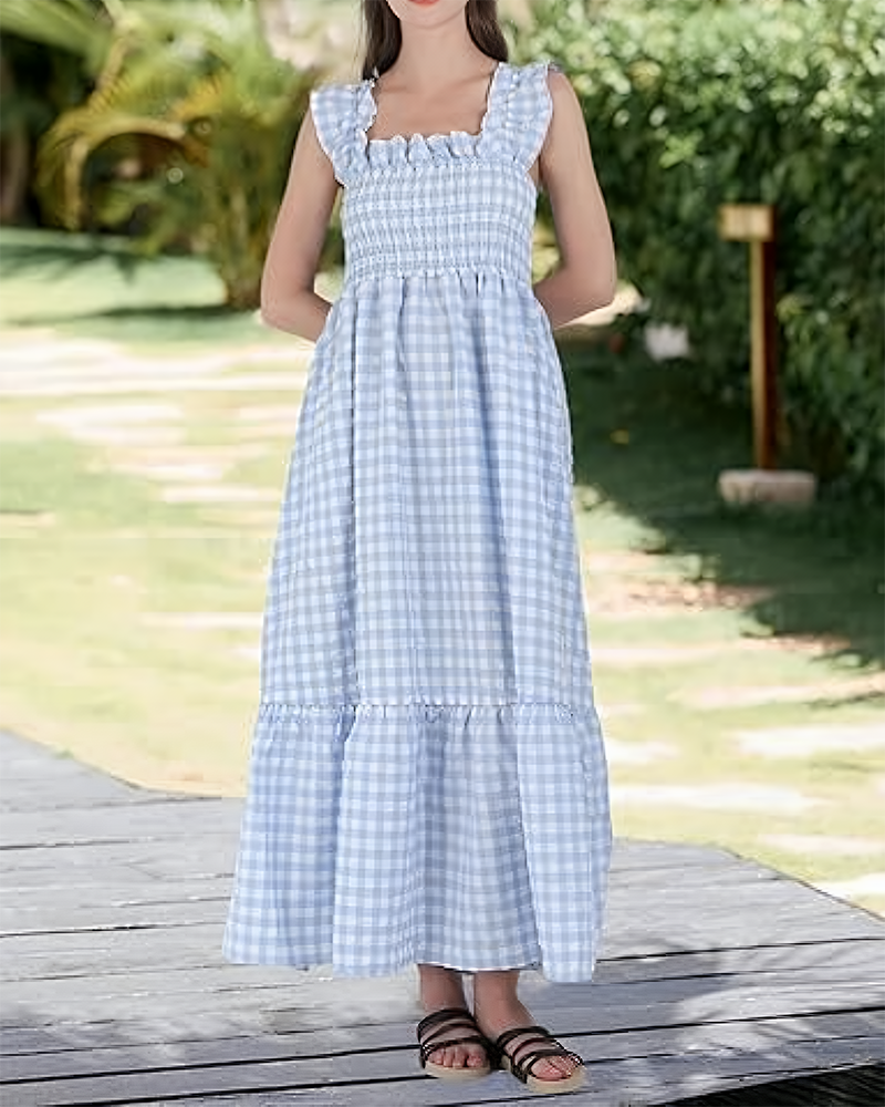 Women's Retro Plaid Smocked Dress Spaghetti Strap Flowy Maxi with Pockets