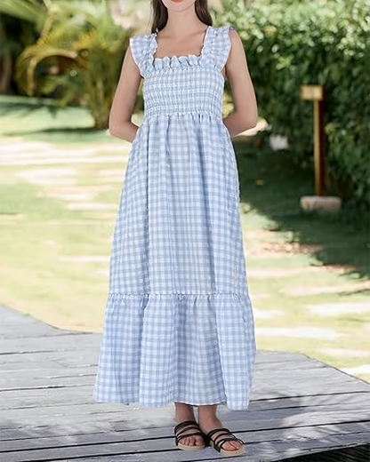 Women's Retro Plaid Smocked Dress Spaghetti Strap Flowy Maxi with Pockets