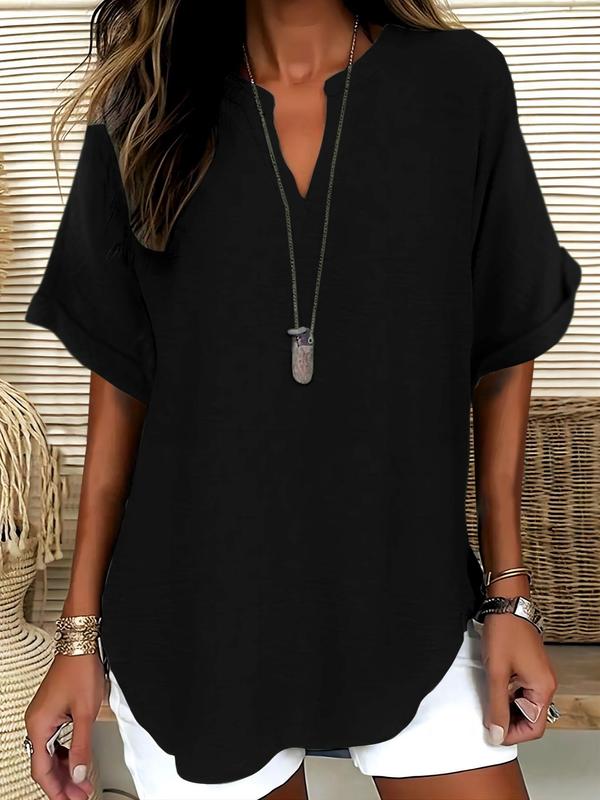 Women's Plain Shortsleeve Blouse, Casual Solid Color Top for Daily Wear, Ladies Clothes for All Seasons