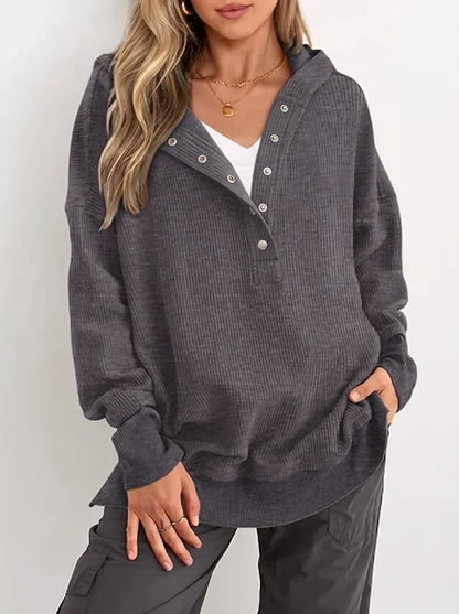 Women's Oversized Long Sleeve Button Up V Neck Hoodie