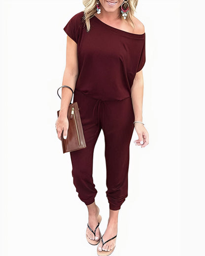 Off-Shoulder Short Sleeve Beam Foot Jumpsuit