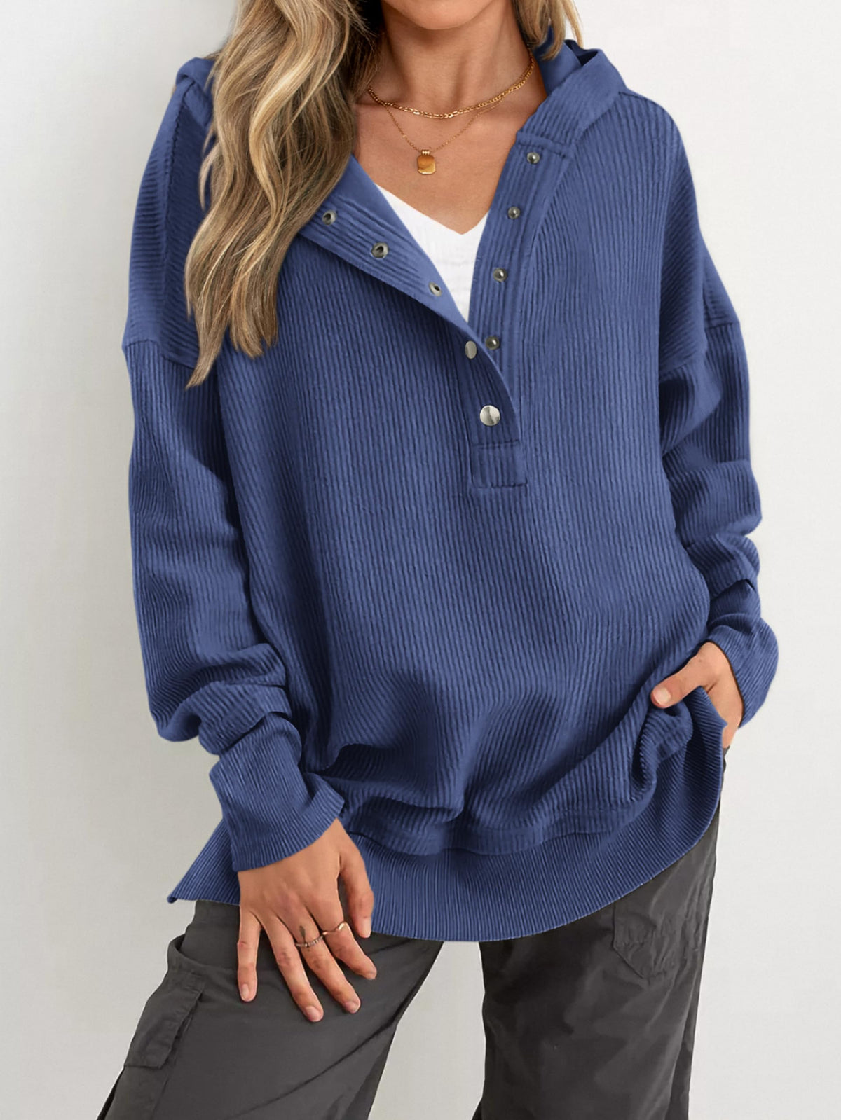 Women's Oversized Long Sleeve Button Up V Neck Hoodie